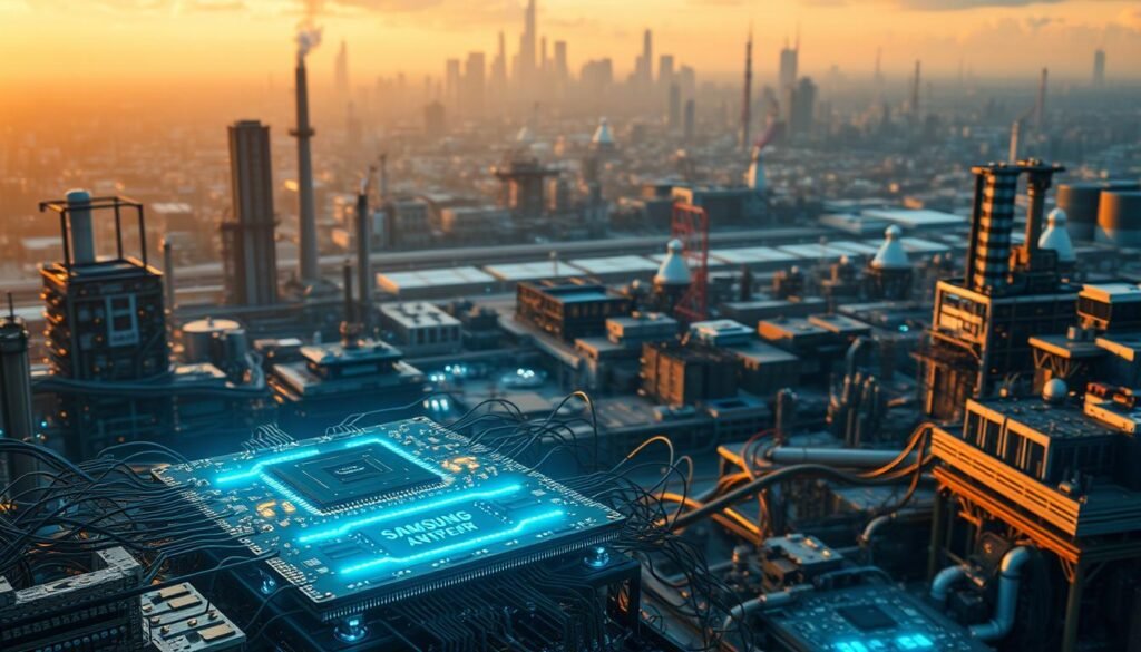 A high-tech industrial landscape, with towering factories and gleaming machinery. In the foreground, a cluster of futuristic memory chips and circuit boards, pulsing with energy. The middle ground features a tangle of wires and cables, connecting the various components. In the background, a cityscape of skyscrapers and smokestacks, bathed in a warm, golden light. The overall atmosphere is one of innovation, progress, and the relentless march of technological advancement. The scene conveys the intense competition and rapid evolution within the memory industry, as companies like Samsung, SK Hynix, Micron, and CXMT strive to push the boundaries of LPDDR6 performance. A high-tech industrial landscape, with towering factories and gleaming machinery. In the foreground, a cluster of futuristic memory chips and circuit boards, pulsing with energy. The middle ground features a tangle of wires and cables, connecting the various components. In the background, a cityscape of skyscrapers and smokestacks, bathed in a warm, golden light. The overall atmosphere is one of innovation, progress, and the relentless march of technological advancement. The scene conveys the intense competition and rapid evolution within the memory industry, as companies like Samsung, SK Hynix, Micron, and CXMT strive to push the boundaries of LPDDR6 performance.