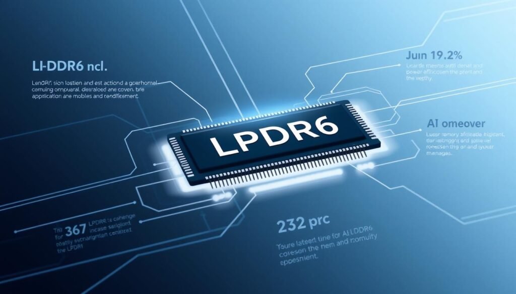 A highly detailed technical illustration of the latest LPDDR6 memory standard, showcasing its advanced features and capabilities. The image depicts a sleek, minimalist design with clean lines and a futuristic aesthetic. The LPDDR6 chip is prominently featured, surrounded by subtle infographic elements that highlight its key specifications, such as the increased bandwidth, power efficiency, and support for AI-driven applications. The composition uses a cool, metallic color palette with subtle lighting effects to convey a sense of precision and innovation. The overall tone is one of technological sophistication, reflecting the cutting-edge nature of the LPDDR6 standard and its role in driving the next generation of mobile and embedded computing. A highly detailed technical illustration of the latest LPDDR6 memory standard, showcasing its advanced features and capabilities. The image depicts a sleek, minimalist design with clean lines and a futuristic aesthetic. The LPDDR6 chip is prominently featured, surrounded by subtle infographic elements that highlight its key specifications, such as the increased bandwidth, power efficiency, and support for AI-driven applications. The composition uses a cool, metallic color palette with subtle lighting effects to convey a sense of precision and innovation. The overall tone is one of technological sophistication, reflecting the cutting-edge nature of the LPDDR6 standard and its role in driving the next generation of mobile and embedded computing.