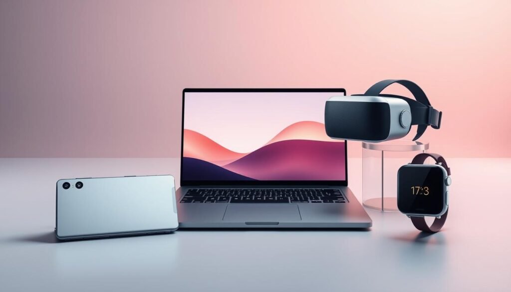 A sleek arrangement of cutting-edge consumer electronics devices, including a foldable smartphone, a high-performance laptop, a virtual reality headset, and a smartwatch. The devices are displayed against a minimalist, futuristic backdrop with a soft, ambient lighting that accentuates their clean lines and metallic finishes. The overall composition conveys a sense of technological sophistication and innovation, reflecting the advanced capabilities of the featured devices. A sleek arrangement of cutting-edge consumer electronics devices, including a foldable smartphone, a high-performance laptop, a virtual reality headset, and a smartwatch. The devices are displayed against a minimalist, futuristic backdrop with a soft, ambient lighting that accentuates their clean lines and metallic finishes. The overall composition conveys a sense of technological sophistication and innovation, reflecting the advanced capabilities of the featured devices.