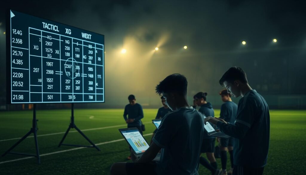 A dimly lit soccer field, with a tactical board in the foreground displaying complex xG and xT statistics. In the middle ground, a group of young players engrossed in analyzing the data, their faces illuminated by the glow of laptop screens. The background is shrouded in a sense of anticipation, as if the knowledge gained from these metrics will be crucial in shaping the future of the sport. The lighting is dramatic, casting long shadows and highlighting the intensity of the moment. The camera angle is slightly elevated, giving a sense of the weight and importance of the scene unfolding below.