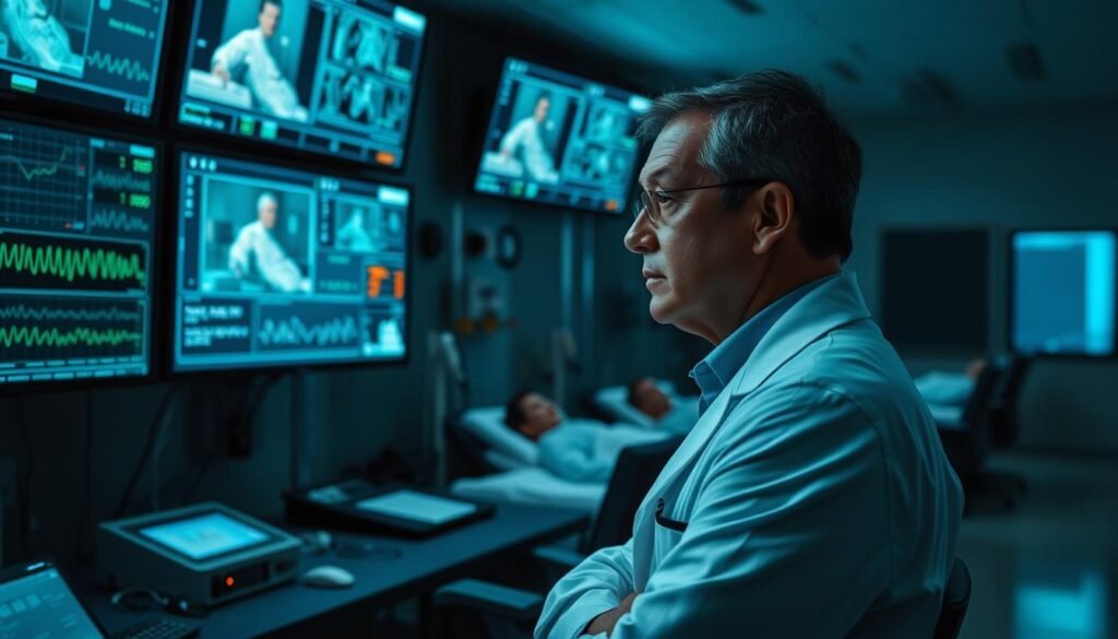 A high-tech medical control room with large monitors displaying real-time patient data from remote locations. In the foreground, a doctor in a white coat intently studying the displays, their expression focused and analytical. The middle ground features an array of diagnostic equipment and medical sensors, conveying advanced remote patient monitoring capabilities. The background shows a dimly lit but serene hospital ward, with patients resting comfortably while their vital signs are continuously tracked. Muted blue and green lighting creates a calming, clinical atmosphere, underscoring the importance of this remote patient care system. A high-tech medical control room with large monitors displaying real-time patient data from remote locations. In the foreground, a doctor in a white coat intently studying the displays, their expression focused and analytical. The middle ground features an array of diagnostic equipment and medical sensors, conveying advanced remote patient monitoring capabilities. The background shows a dimly lit but serene hospital ward, with patients resting comfortably while their vital signs are continuously tracked. Muted blue and green lighting creates a calming, clinical atmosphere, underscoring the importance of this remote patient care system.