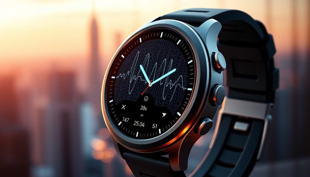 A high-tech smartwatch with advanced EEG sensors, displaying intricate brain wave patterns and predictive analytics for potential stroke risk. The watch face showcases a sleek, minimalist design, with a clean UI that highlights the user's real-time brain activity and health indicators. The background features a subtle, futuristic cityscape, hinting at the integration of this cutting-edge technology into the urban environment. Warm, diffused lighting casts a gentle glow, creating a sense of calm and precision. The overall scene conveys a vision of personalized, proactive healthcare powered by the convergence of wearable tech and AI-driven neural analysis. A high-tech smartwatch with advanced EEG sensors, displaying intricate brain wave patterns and predictive analytics for potential stroke risk. The watch face showcases a sleek, minimalist design, with a clean UI that highlights the user's real-time brain activity and health indicators. The background features a subtle, futuristic cityscape, hinting at the integration of this cutting-edge technology into the urban environment. Warm, diffused lighting casts a gentle glow, creating a sense of calm and precision. The overall scene conveys a vision of personalized, proactive healthcare powered by the convergence of wearable tech and AI-driven neural analysis.