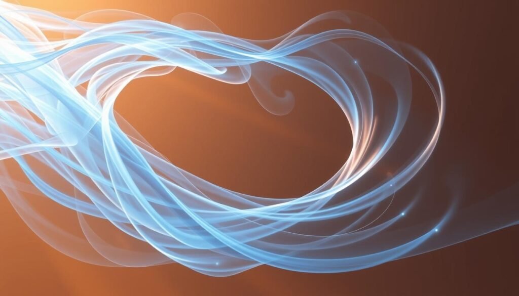 A highly detailed, photorealistic image of a dynamic airflow pattern, showcasing the intelligent cooling system of a powerful AI chip. The airflow is visualized as a smooth, swirling vortex of translucent blue energy, with intricate eddies and turbulent swirls that dance across the frame. The scene is illuminated by a warm, indirect lighting that casts subtle shadows, highlighting the three-dimensional nature of the airflow. The background is a clean, minimalist environment, allowing the airflow to be the focal point. The overall mood is one of technological elegance and scientific precision, conveying the advanced nature of the AI cooling system.