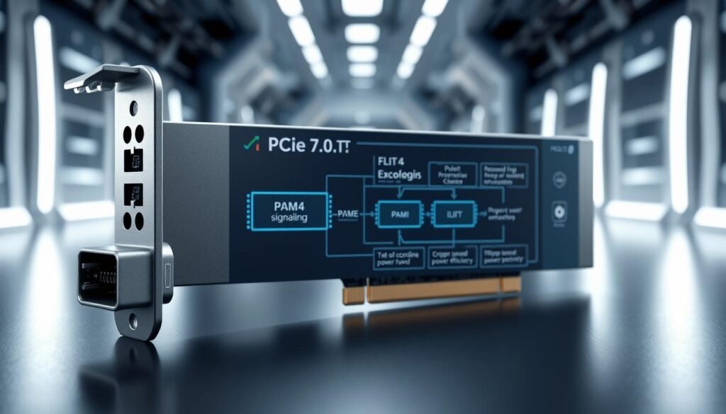 A highly detailed, technical 3D render of the PCIe 7.0 specification. A sleek, minimalist design in shades of silver and gray, with clean lines and sharp edges. The foreground showcases the PCIe connector and socket, with precise mechanical details. The middle ground features a digital diagram illustrating the key architectural changes, such as PAM4 signaling, FLIT encoding, and improved power efficiency. The background depicts a futuristic, high-tech environment, with a subtle glow and light reflections, conveying the advanced nature of the new standard. The overall mood is one of technological sophistication, precision, and innovation.