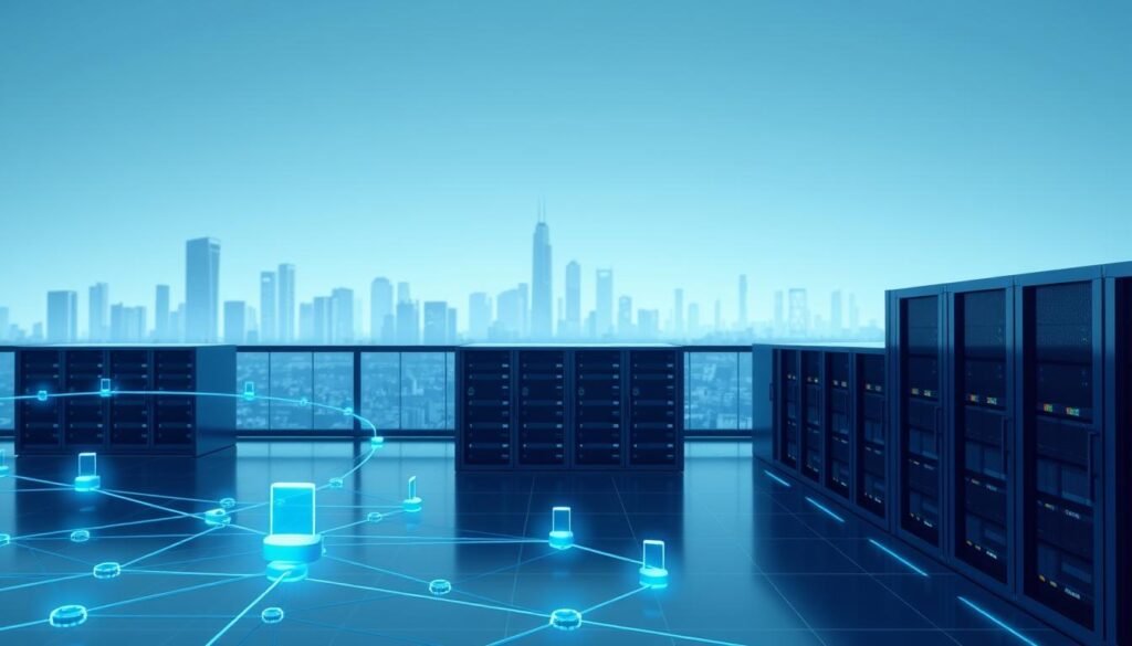 High-resolution 3D render of a secure data storage and transmission system powered by a blockchain consortium, depicted in a sleek, minimalist style. The foreground features a stylized blockchain network with interconnected nodes, cryptographic algorithms, and distributed ledgers. The middle ground showcases a data center with high-security servers and cooling systems. The background depicts a cityscape with skyscrapers and futuristic architecture, conveying the scalability and integration of the blockchain-based infrastructure. The overall scene has a cool, futuristic color palette, with blue and gray tones, and a sense of advanced technology and robust security. High-resolution 3D render of a secure data storage and transmission system powered by a blockchain consortium, depicted in a sleek, minimalist style. The foreground features a stylized blockchain network with interconnected nodes, cryptographic algorithms, and distributed ledgers. The middle ground showcases a data center with high-security servers and cooling systems. The background depicts a cityscape with skyscrapers and futuristic architecture, conveying the scalability and integration of the blockchain-based infrastructure. The overall scene has a cool, futuristic color palette, with blue and gray tones, and a sense of advanced technology and robust security.