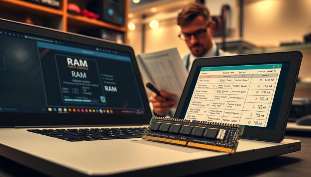 A detailed guide to buying compatible RAM for laptops, illustrated in a tech-savvy environment. In the foreground, showcase an open laptop displaying the RAM specifications on the screen, with a close-up of a compatible RAM module placed beside it. The middle layer should feature a knowledgeable person, dressed in professional attire, examining a list of laptop models and corresponding RAM types, surrounded by tools like a screwdriver and an anti-static wrist strap. The background should include soft-focus shelves filled with computer components, with warm, ambient lighting creating a focused and inviting atmosphere. The angle is slightly above eye level, emphasizing the hands-on approach to upgrading and choosing the right RAM. A detailed guide to buying compatible RAM for laptops, illustrated in a tech-savvy environment. In the foreground, showcase an open laptop displaying the RAM specifications on the screen, with a close-up of a compatible RAM module placed beside it. The middle layer should feature a knowledgeable person, dressed in professional attire, examining a list of laptop models and corresponding RAM types, surrounded by tools like a screwdriver and an anti-static wrist strap. The background should include soft-focus shelves filled with computer components, with warm, ambient lighting creating a focused and inviting atmosphere. The angle is slightly above eye level, emphasizing the hands-on approach to upgrading and choosing the right RAM.