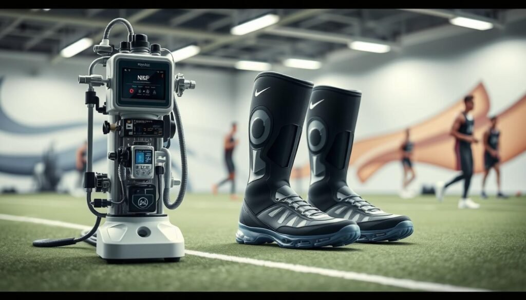 A dynamic air compression mechanism displayed prominently in the foreground, featuring intricate components like pneumatic tubes, valves, and an advanced control unit. In the middle ground, a sleek pair of Nike Hyperice recovery boots is showcased, illustrating their innovative design with visible air chambers and soft padding. The background should be an athletic training environment, with blurred images of equipment and a subtle depiction of Olympic athletes in training, creating a sense of active energy. Soft overhead lighting enhances the technical details of the mechanism, while a shallow depth of field emphasizes the boots' functionality. The overall atmosphere is professional and high-tech, embodying innovation in athletic recovery technology.