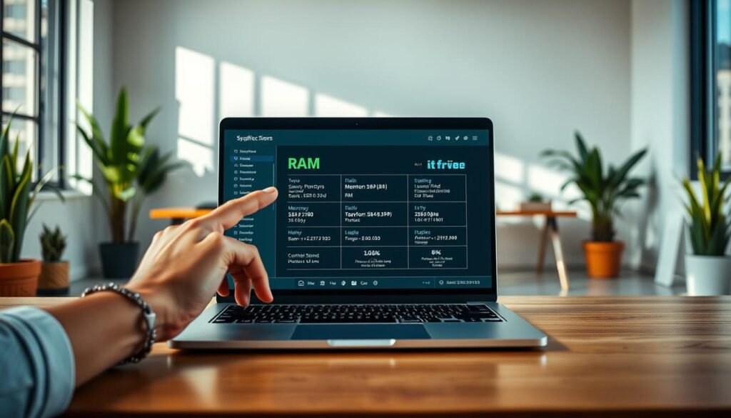 A modern laptop on a sleek wooden desk, with a vibrant software interface displaying detailed RAM specifications on the screen. In the foreground, a pair of hands, wearing smart casual attire, are gently pointing at the screen, illustrating a user interacting with the application. In the middle, a clear view of the laptop captures the specifications like memory size, speed, and type displayed in bright, readable fonts. Soft natural light streams through a nearby window, highlighting the laptop's sleek design. The background features a minimalist office environment with potted plants and an organized workspace, creating a calm and focused atmosphere, evoking a sense of professional exploration. The image should be bright and engaging, with a shallow depth of field to emphasize the laptop's screen. A modern laptop on a sleek wooden desk, with a vibrant software interface displaying detailed RAM specifications on the screen. In the foreground, a pair of hands, wearing smart casual attire, are gently pointing at the screen, illustrating a user interacting with the application. In the middle, a clear view of the laptop captures the specifications like memory size, speed, and type displayed in bright, readable fonts. Soft natural light streams through a nearby window, highlighting the laptop's sleek design. The background features a minimalist office environment with potted plants and an organized workspace, creating a calm and focused atmosphere, evoking a sense of professional exploration. The image should be bright and engaging, with a shallow depth of field to emphasize the laptop's screen.