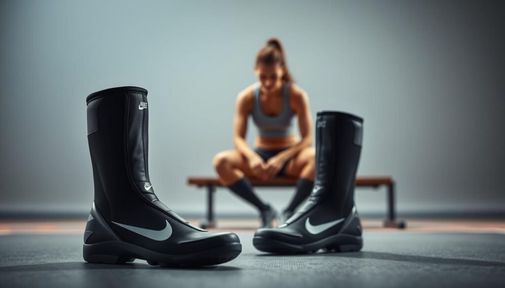 A sleek pair of Nike Hyperice compression boots is positioned prominently in the foreground, showcasing their modern design. They are set against a soft gradient background that suggests a professional training environment, subtly hinting at an athletic facility. In the middle ground, a blurred silhouette of an athlete in modest athletic wear is visible, gently using the boots while seated on a training bench, with focused concentration. The lighting is bright yet diffused, emphasizing the sleek features of the boots and creating a dynamic, energetic atmosphere that reflects recovery and performance. A shallow depth of field allows the viewer to focus on the interaction between the athlete and the compression boots, capturing the essence of recovery duration and effectiveness in an Olympic context.
